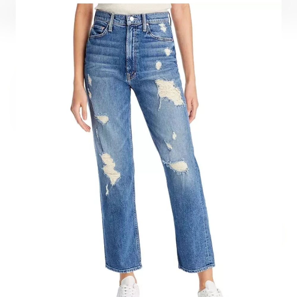 Mother High Waisted Study Hover Distressed Straight Leg Jeans